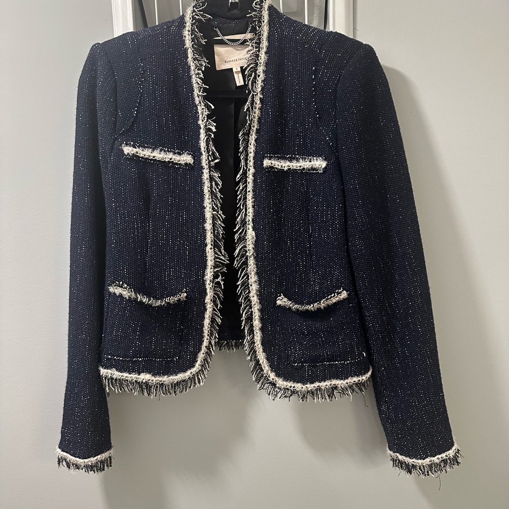 Rebecca Taylor Navy Tweed Knit Jacket with Fringe and Chain Detailing, Sz 8